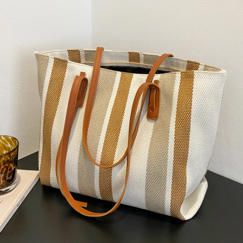 Sac Cabas en Toile Rayé Grande Capacité