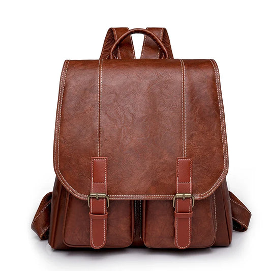 Sac Cartable Femme Design Vintage Marron, multipoche, sur un fond blanc.