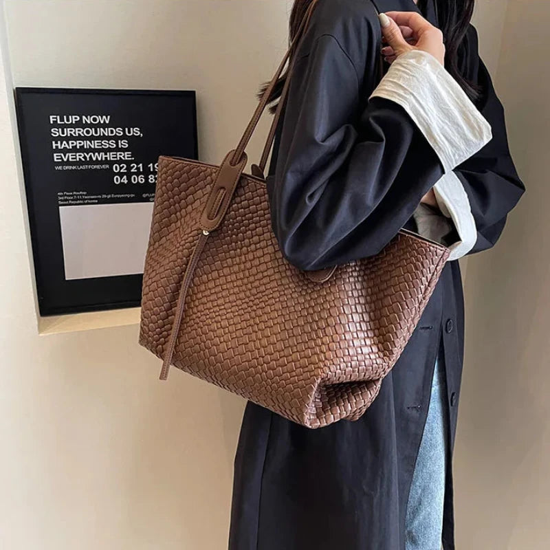 Sac Cabas Tressé portée à la main - Ivoire - Marron Foncé - Kaki - Noir
