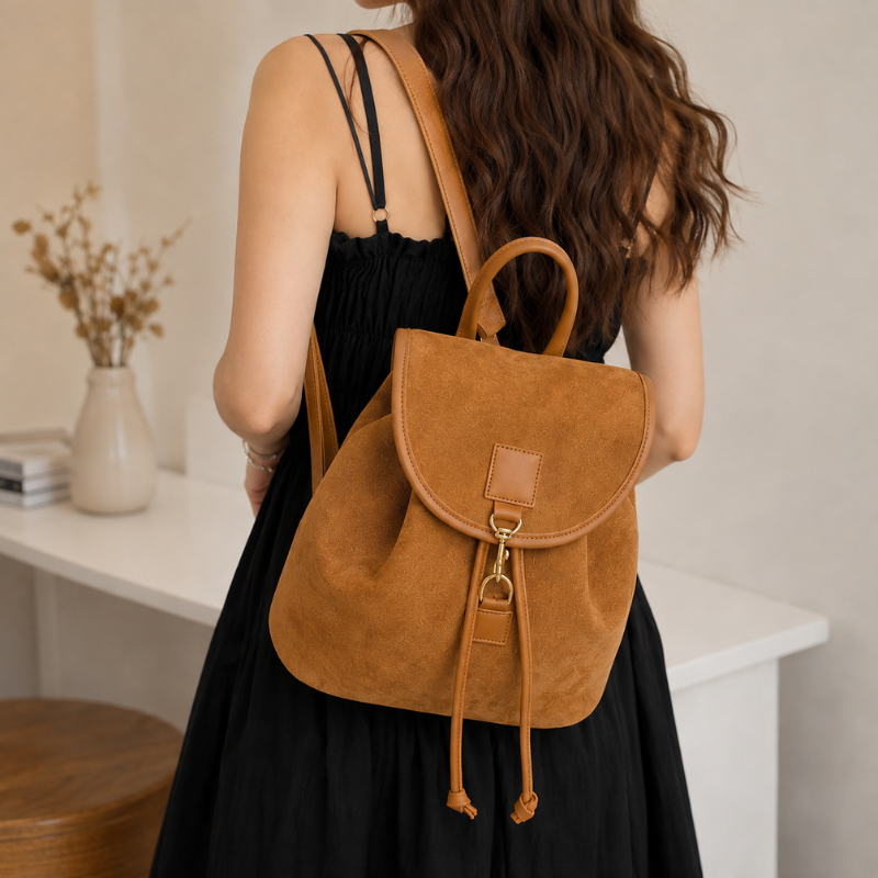 Sac à Dos Chic et Élégant Effet Daim marron - porté dans le dos - Marron - Noir