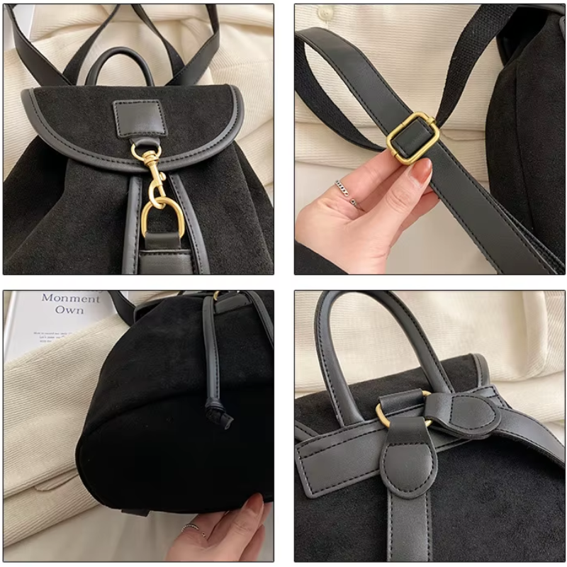Sac à Dos Chic et Élégant Effet Daim - détails anse, sangle réglable et fermeture - Marron - Noir