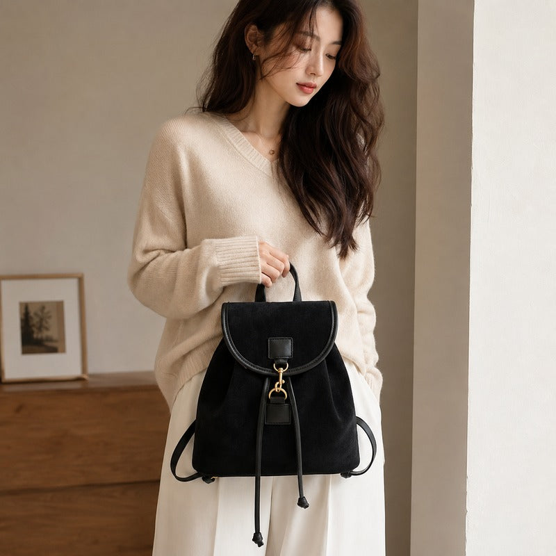 Sac à Dos Chic et Élégant Effet Daim noir - porté à la main - Marron - Noir