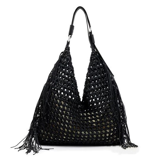 Grand Sac de Plage Noir Style Bohème, de couleur noire et sur fond blanc