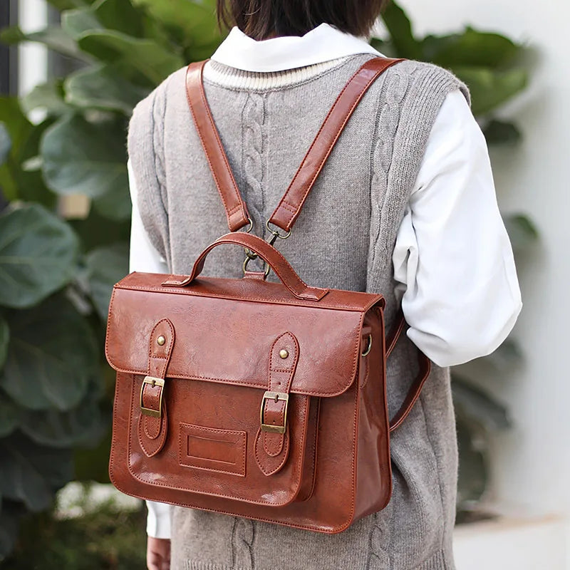 Sac à Dos Cartable Vintage porté au dos, cuir marron cognac à sangles et boucles - Marron - Noir