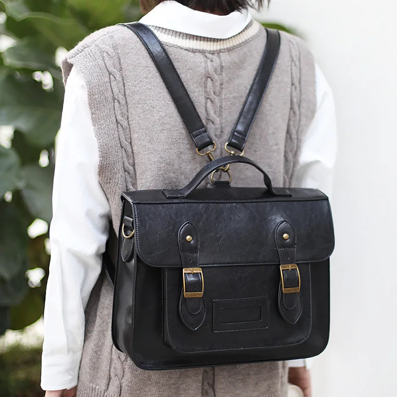 Sac à Dos Cartable Vintage noir porté au dos, bretelles réglables et poignée - Marron - Noir