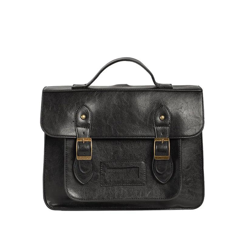 Sac à Dos Cartable Vintage noir vue de face, cuir à boucles dorées et poche frontale - Noir