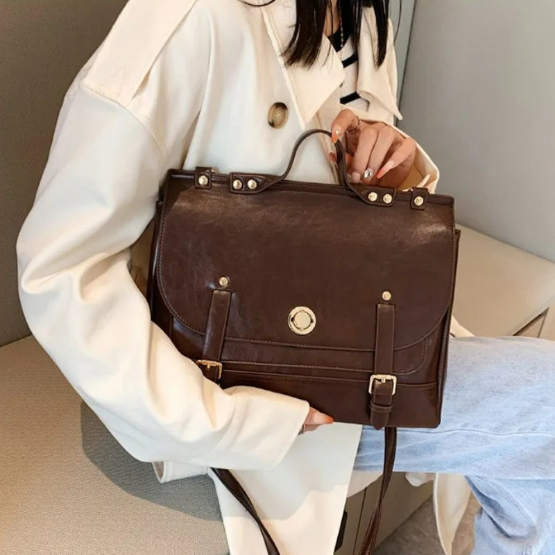 Sac à Main Cartable - Camel - Blanc - Noir - Marron Foncé