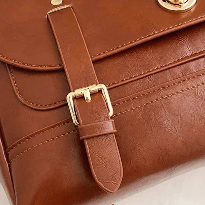 sac à main cartable en cuir - Camel - Blanc - Noir - Marron Foncé