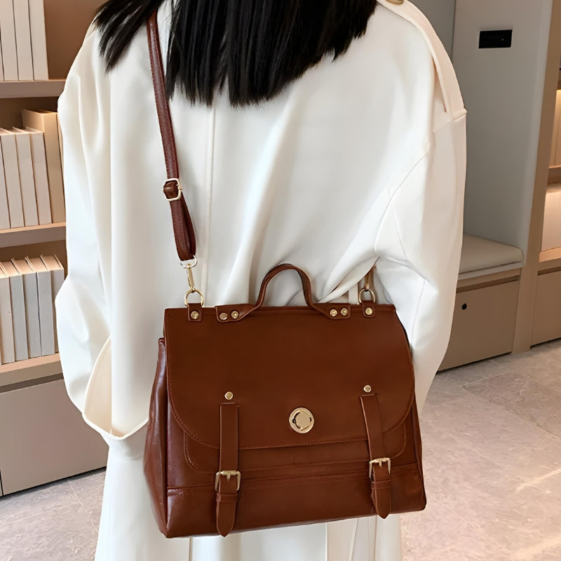 sac bandoulière cartable - Camel - Blanc - Noir - Marron Foncé