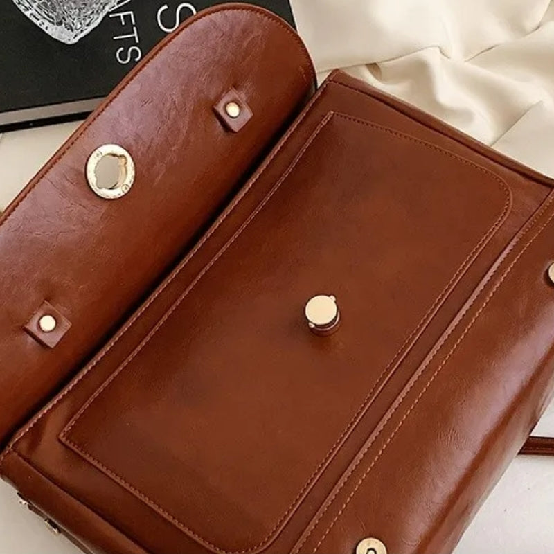 sac cartable vintage - Camel - Blanc - Noir - Marron Foncé