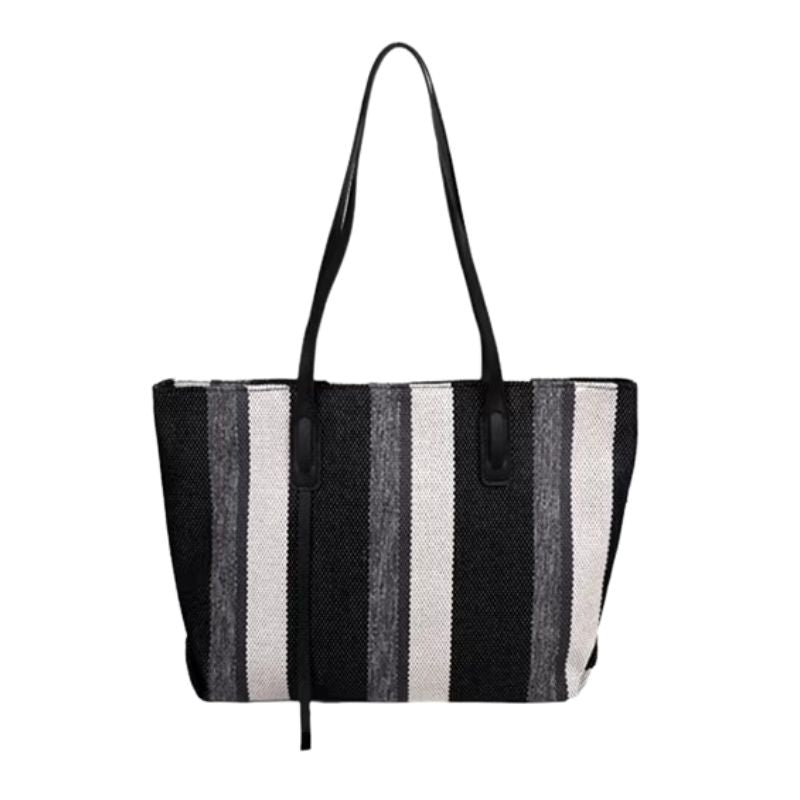 Sac Cabas en Toile Rayé Grande Capacité, de couleur noire et sur fond blanc.