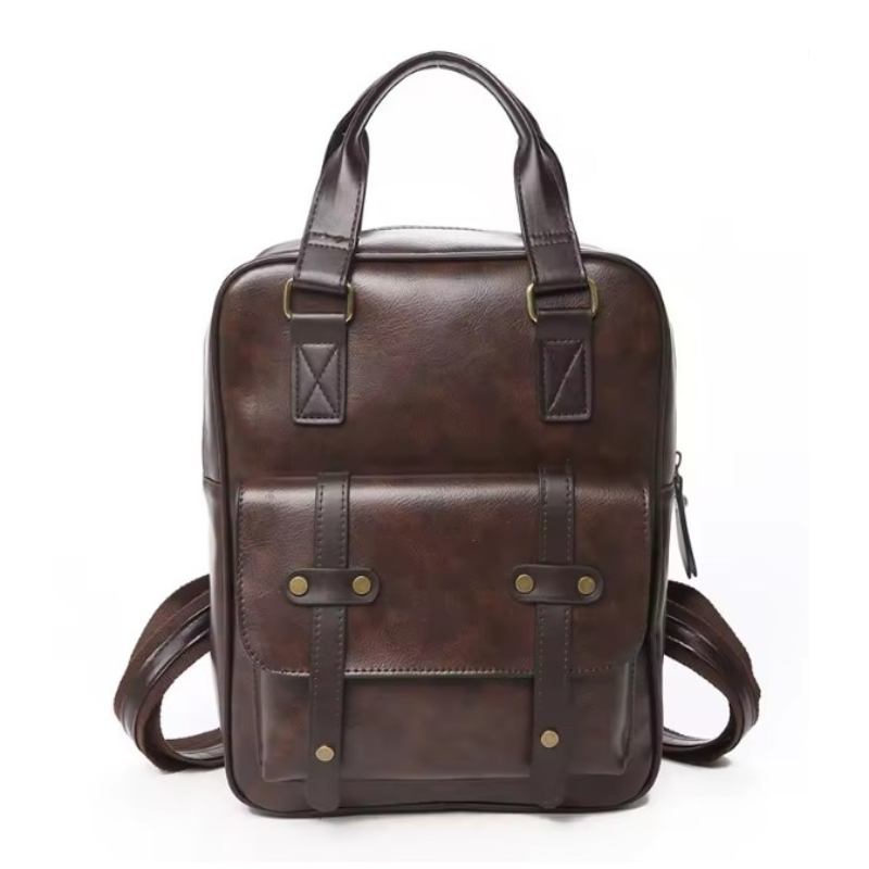 Sac Cartable Femme Multipoches en coloris marron foncé, vue de face sur fond blanc. - Marron