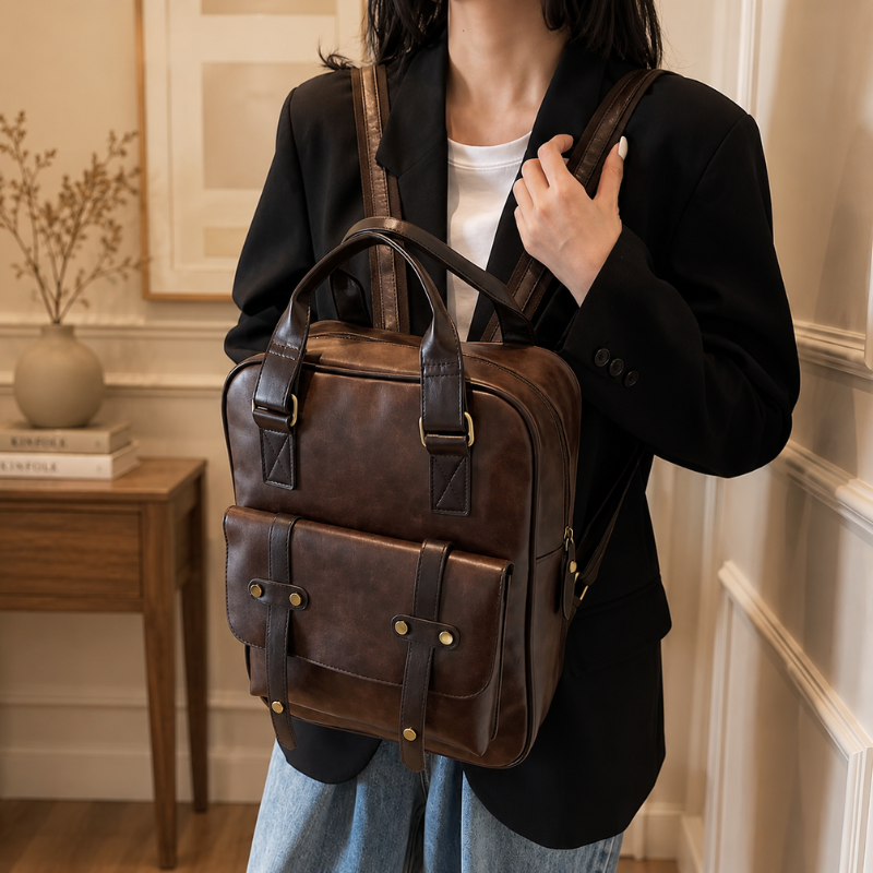 Sac Cartable Femme Multipoches en coloris marron foncé, porté en bandoulière par une femme en tailleur noir. - Camel - Noir - Marron