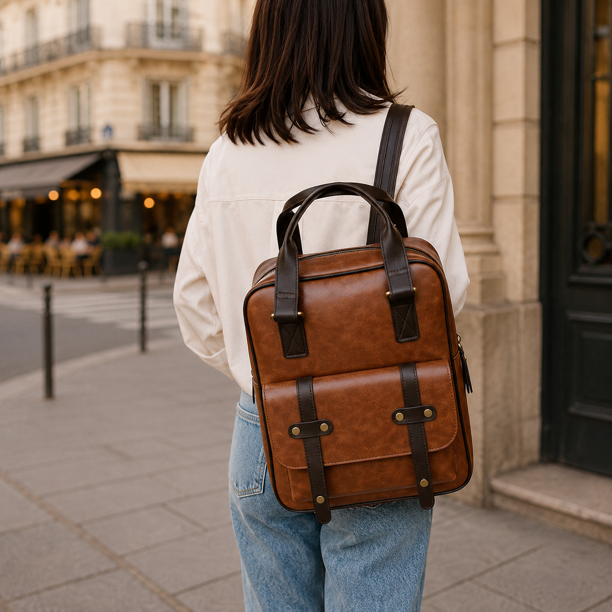 Sac Cartable Femme Multipoches Marron, porté en sac à dos par une femme vue de dos dans une rue. - Camel - Noir - Marron