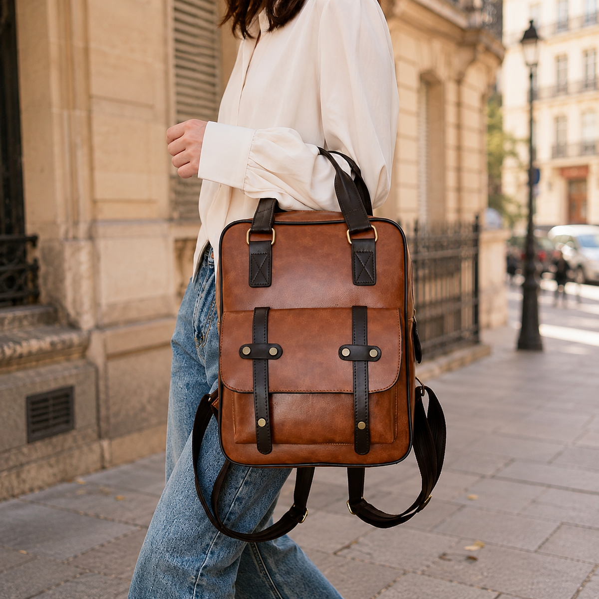 Sac Cartable Femme Multipoches Marron porté à la main par une femme dans une rue, tenu par ses anses courtes. - Camel - Noir - Marron
