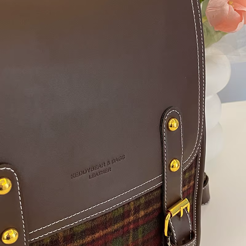 Sac Cartable Femme Rétro à Carreaux - détail cuir et rivets - Rouge - Vert