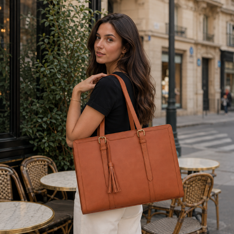 Sac de Cours à Main camel - portée en terrasse à Paris