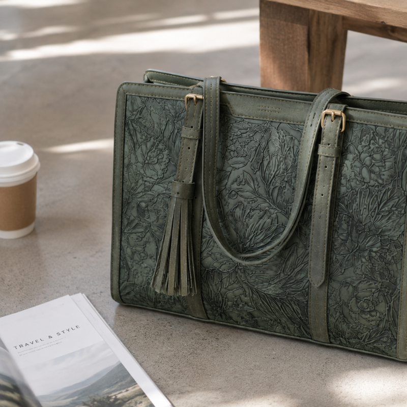 Sac de Cours à Main vert - mise en scène avec café et magazine