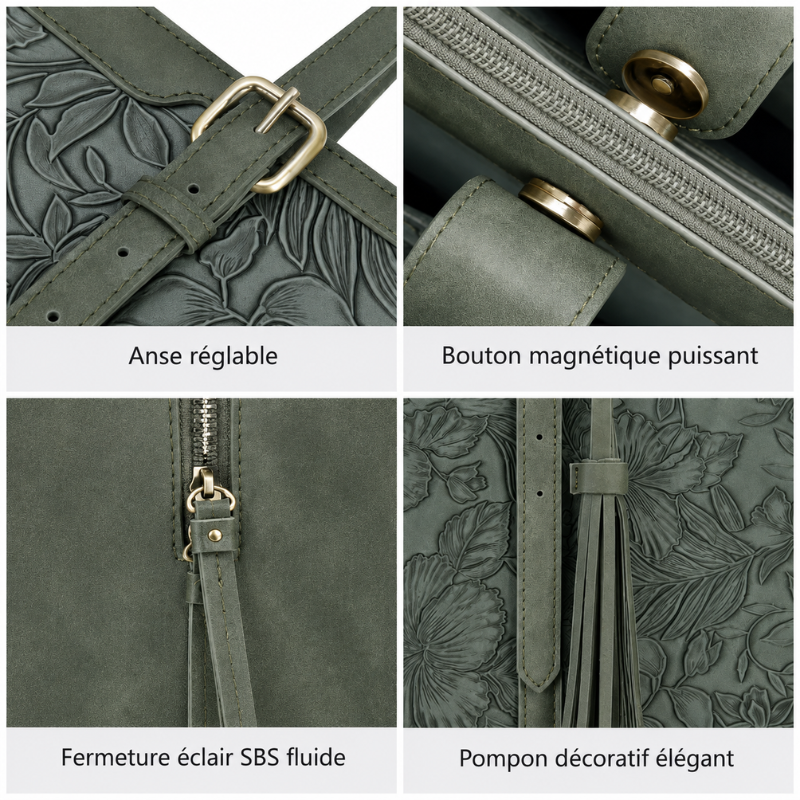 Sac de Cours à Main vert - zoom détails (anse, bouton magnétique, zip, pompon)