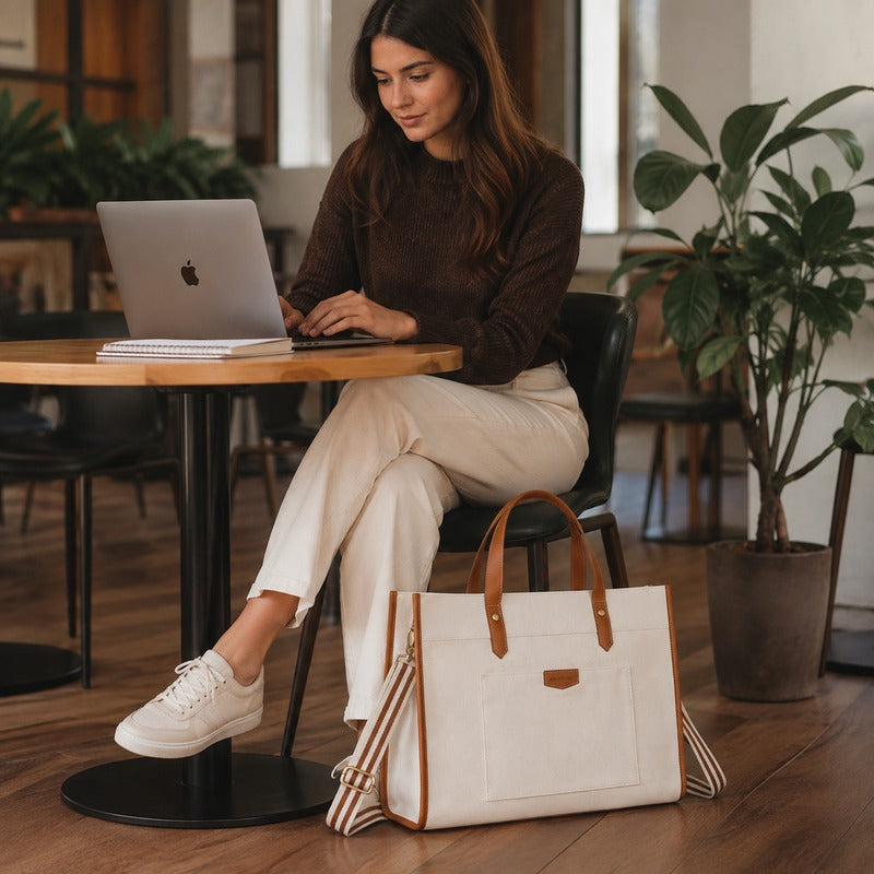 Sac de Cours Femme Ordinateur Portable 15,6 Pouces coloris beige - posé au sol dans un café, femme travaillant sur ordinateur portable