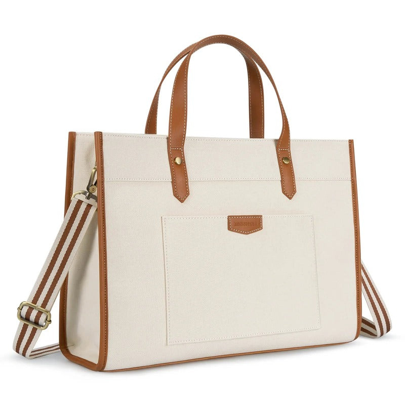 Sac de Cours Femme Ordinateur Portable 15,6 Pouces coloris ivoire et camel - vue 3/4 avec poche avant