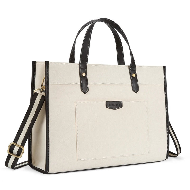 Sac de Cours Femme Ordinateur Portable 15,6 Pouces coloris ivoire liseré noir - vue 3/4 avec poche avant