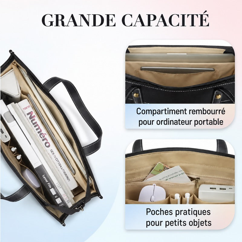 Sac de Cours Femme Ordinateur Portable 15,6 Pouces coloris noir - infographie grande capacité avec compartiment ordinateur portable et poches pratiques