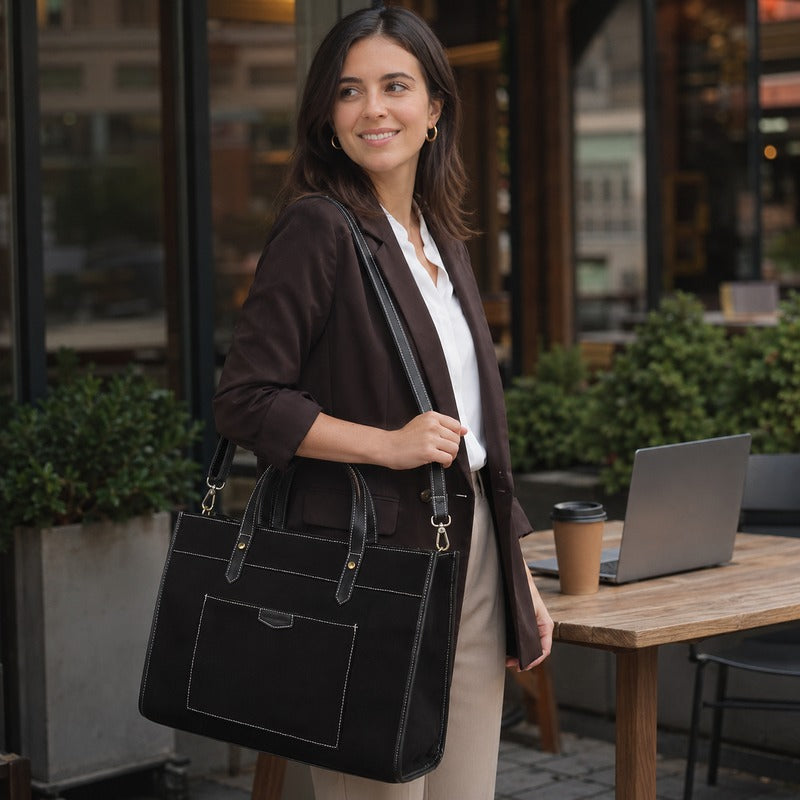 Sac de Cours Femme Ordinateur Portable 15,6 Pouces coloris noir - porté à l'épaule par une femme en tenue de travail