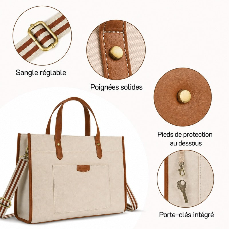 Sac de Cours Femme Ordinateur Portable 15,6 Pouces - zoom sur les détails : sangle réglable, poignées renforcées, pieds de protection et porte-clés intégré
