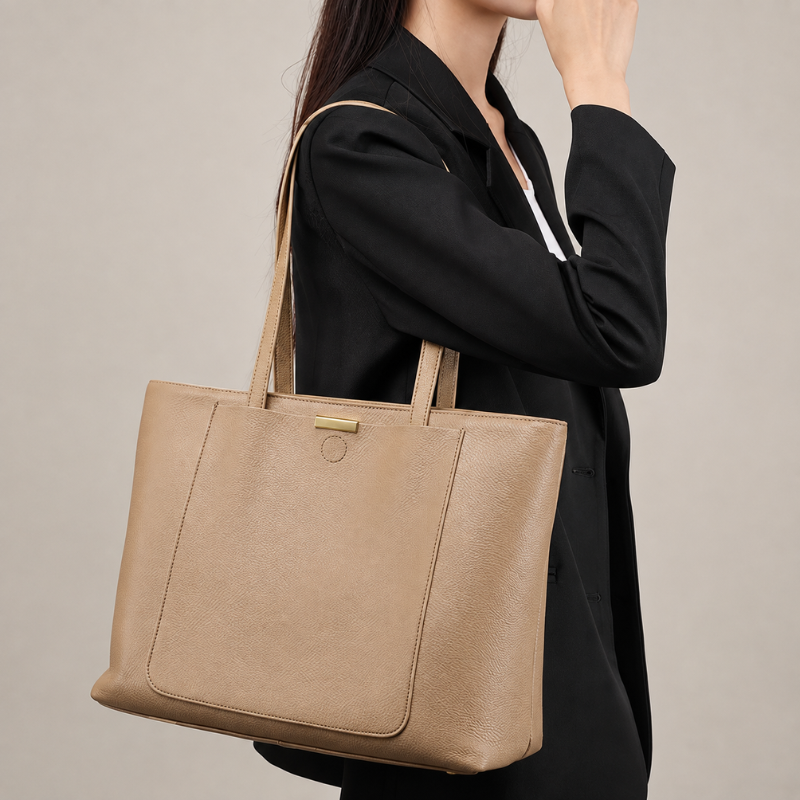 Sac De Cours Cuir Femme - détail fermeture - Beige - Gris