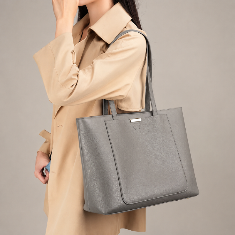 Sac De Cours Cuir Femme - dimensions - Beige - Gris