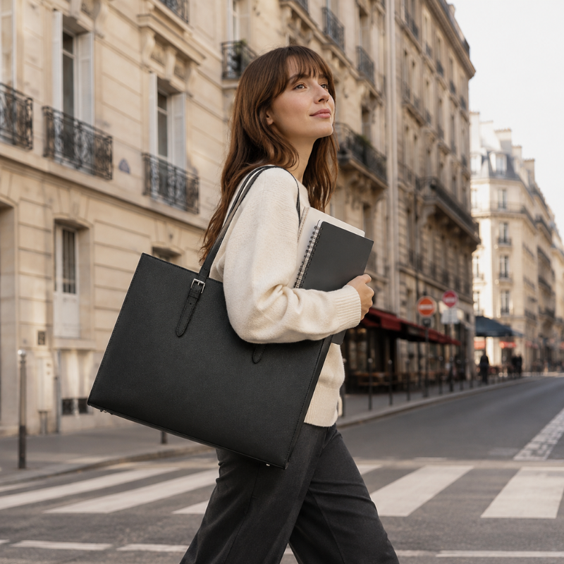 Sac de Cours Etudiante noir - porté dans la rue - Camel - Beige - Bleu - Noir