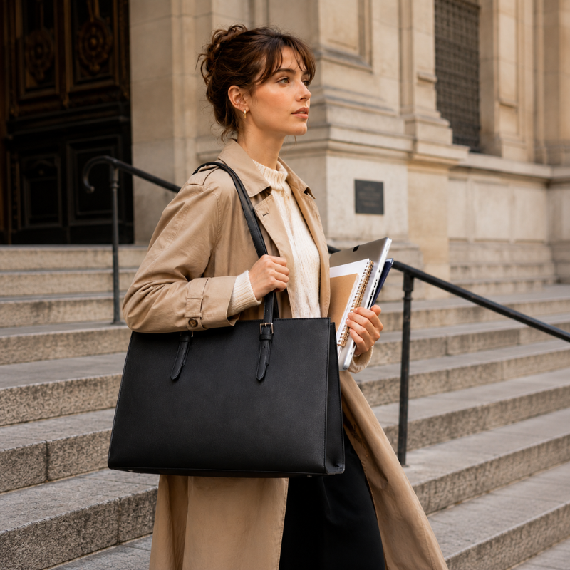 Sac de Cours Etudiante noir - porté devant une université - Camel - Beige - Bleu - Noir