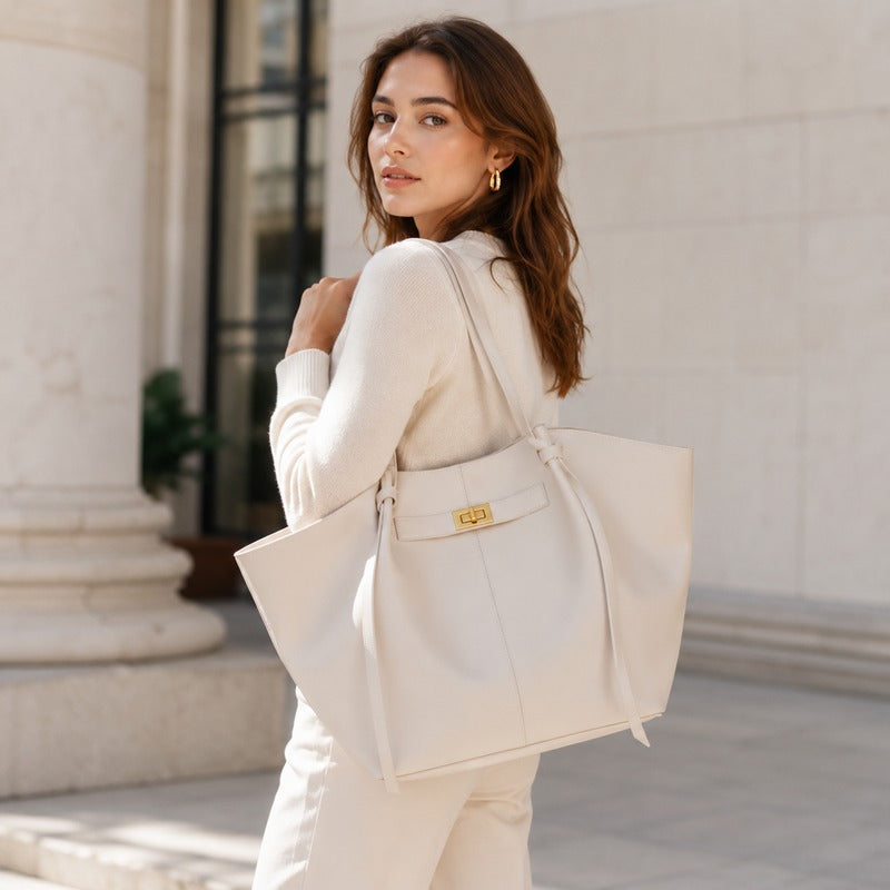 Sac de Cours Femme Grande Capacité blanc, porté à l'épaule - Marron - Noir - Camel - Bordeaux - Vert Kaki - Blanc