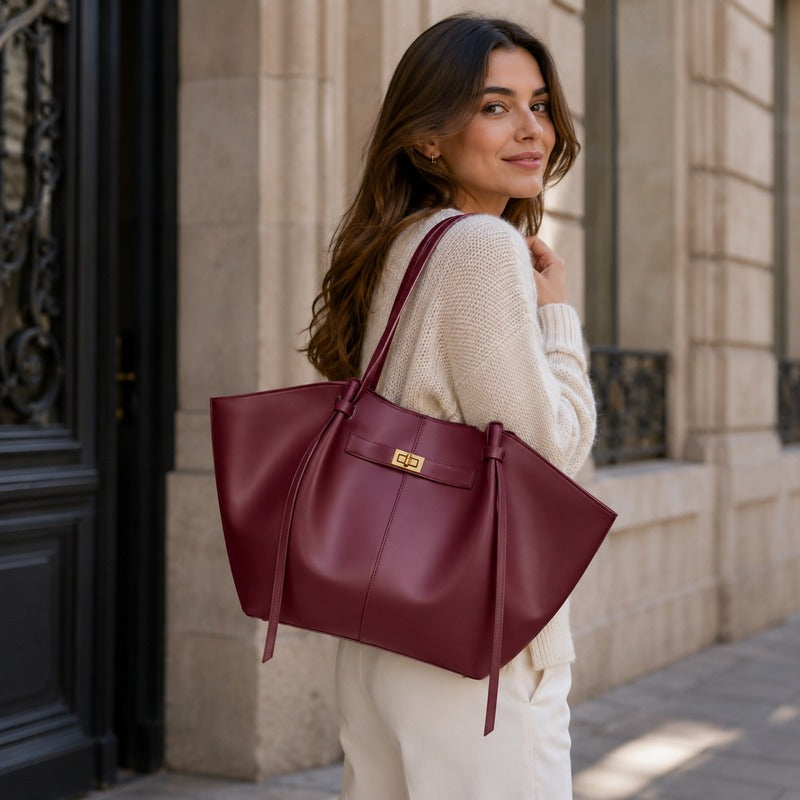 Sac de Cours Femme Grande Capacité bordeaux, porté à l'épaule dans la rue - Marron - Noir - Camel - Bordeaux - Vert Kaki - Blanc