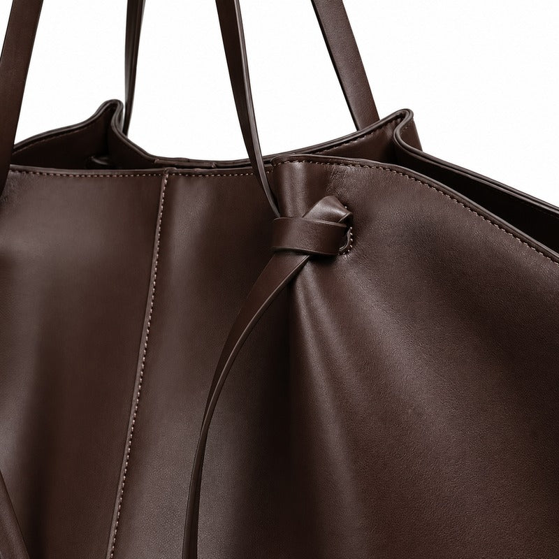 Sac de Cours Femme Grande Capacité marron, zoom sur le nœud en cuir - Marron - Noir - Camel - Bordeaux - Vert Kaki - Blanc