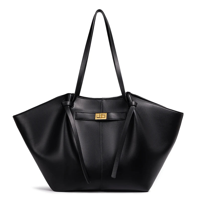 Sac de Cours Femme Grande Capacité noir, vue de face avec fermoir cadenas doré - Noir