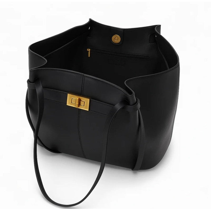 Sac de Cours Femme Grande Capacité noir, vue de l'intérieur ouvert avec poche zippée - Marron - Noir - Camel - Bordeaux - Vert Kaki - Blanc