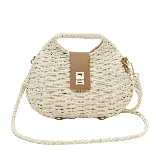Sac Effet Osier Beige à Bandoulière, sur un fond blanc.