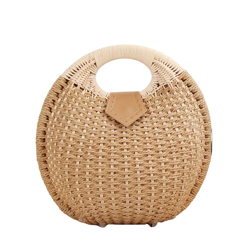 Sac Effet Osier Design Rond Élégant, de couleur marron, sur un fond blanc.