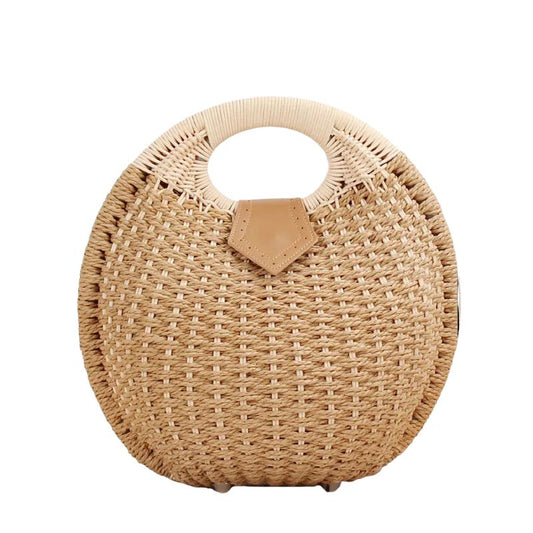 Sac Effet Osier Design Rond Élégant, de couleur marron, sur un fond blanc.