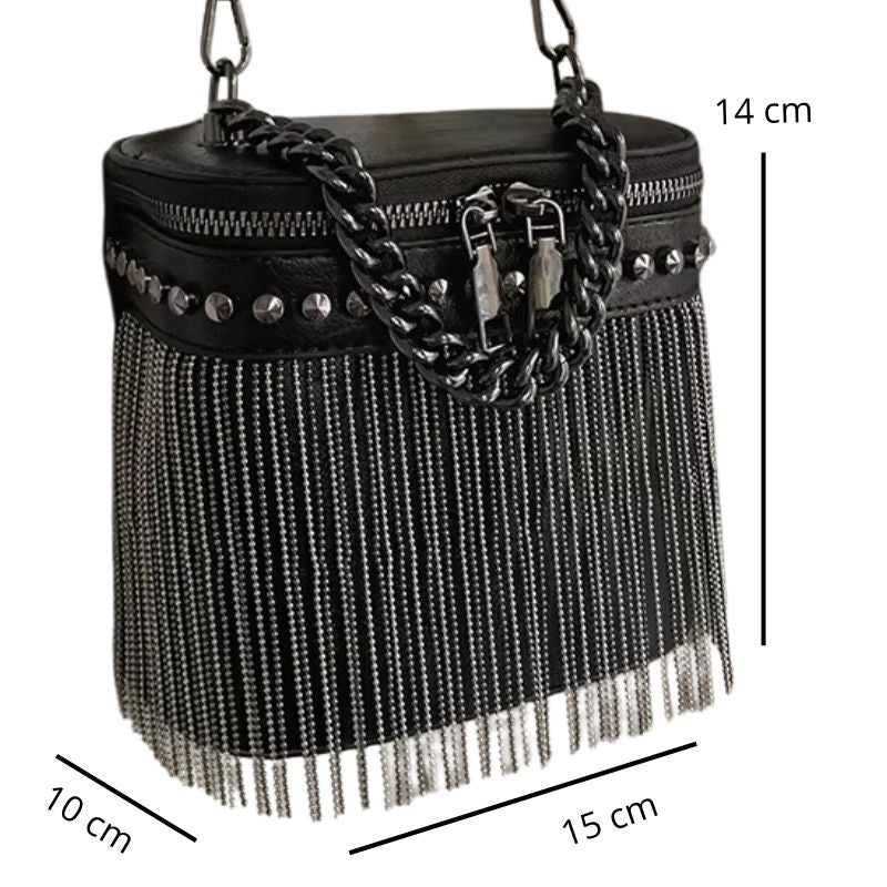 Sac à Frange Métallique Élégant avec ses dimensions en détails.