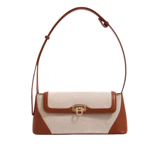 Sac à Main Baguette Simili à Bandoulière Réglable, couleur marron et beige en bi matière, sur un fond blanc.