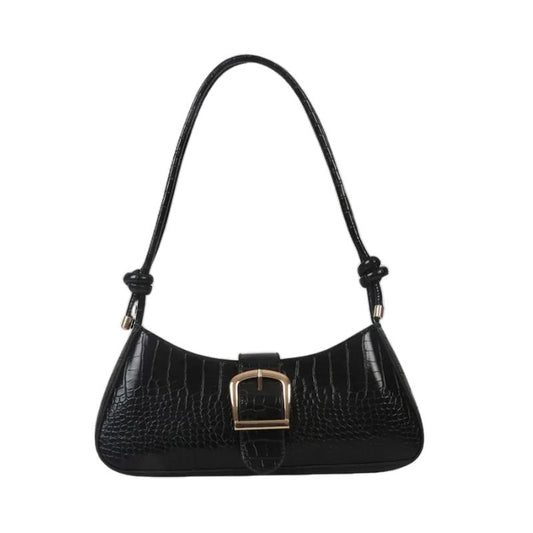 Sac à Main Baguette Simili avec Boucle Métallique Chic, de couleur noire et sur fond blanc