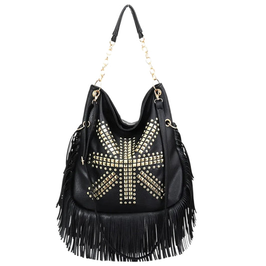Sac à Main Besace Noir avec Frange et Motif Original, sur fond blanc