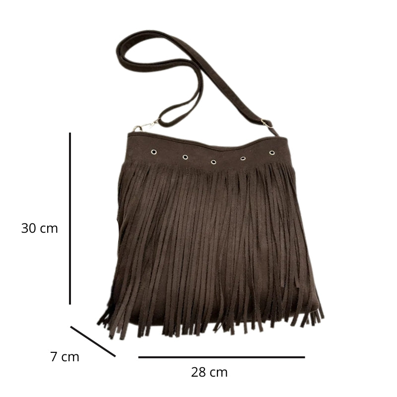 Sac à Main Bohème Chic avec Frange Stylée, avec ses dimensions détaillées 