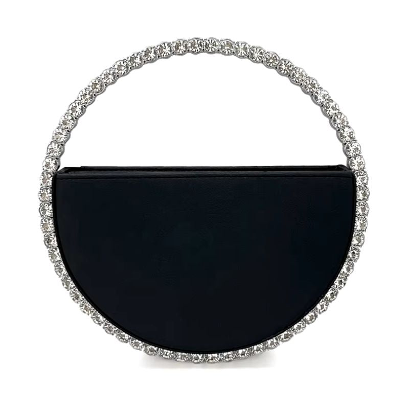 Sac à Main Mariage Femme Rond et Strass, de couleur noire sur fond blanc.