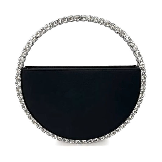 Sac à Main Mariage Femme Rond et Strass, de couleur noire sur fond blanc.