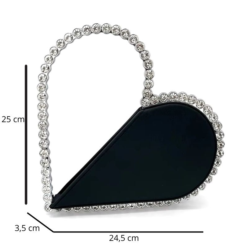 Sac à Main Mariage Forme Coeur et strass, avec ses dimensions détaillées.