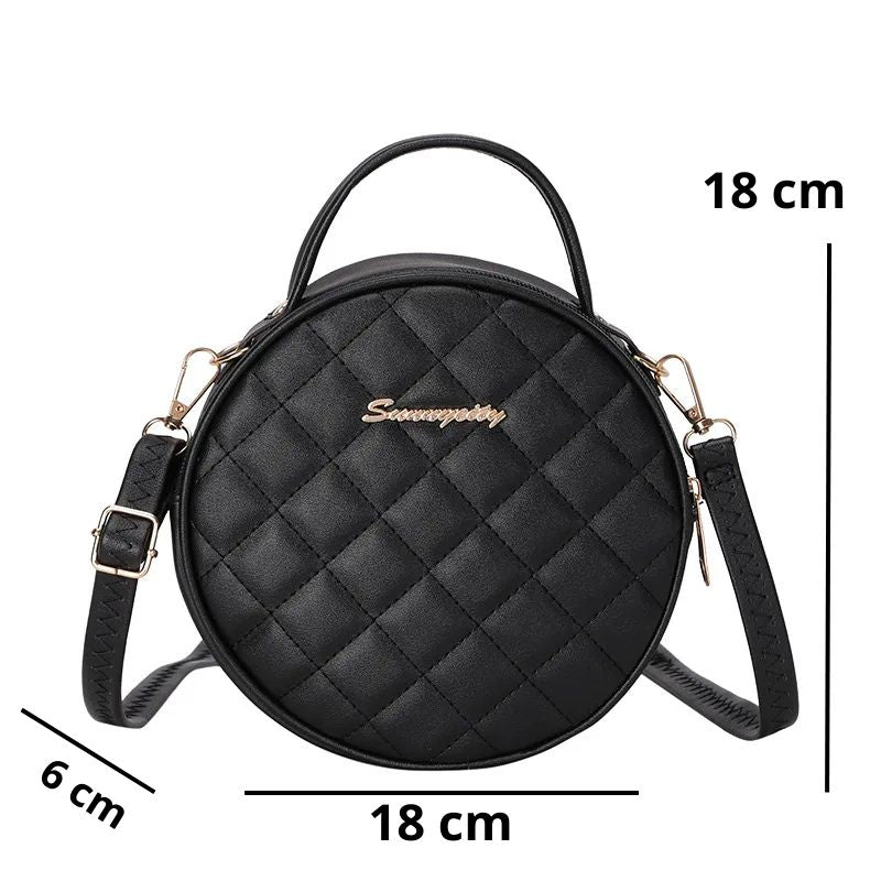 Sac à Main Rond Effet Matelassé, avec ses dimensions détaillées.